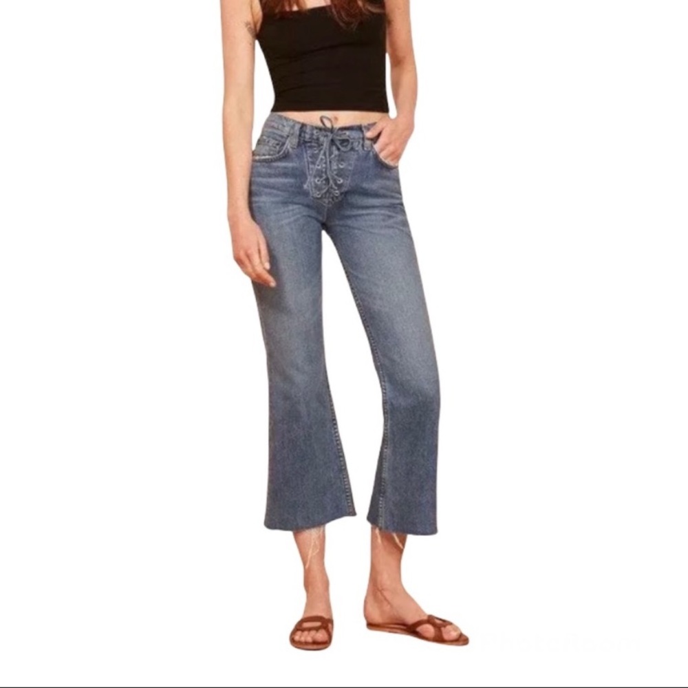 REFORMATION Mid Crop Flare Lace Up Jeans in Celtic Blue - NWOT, Size 26